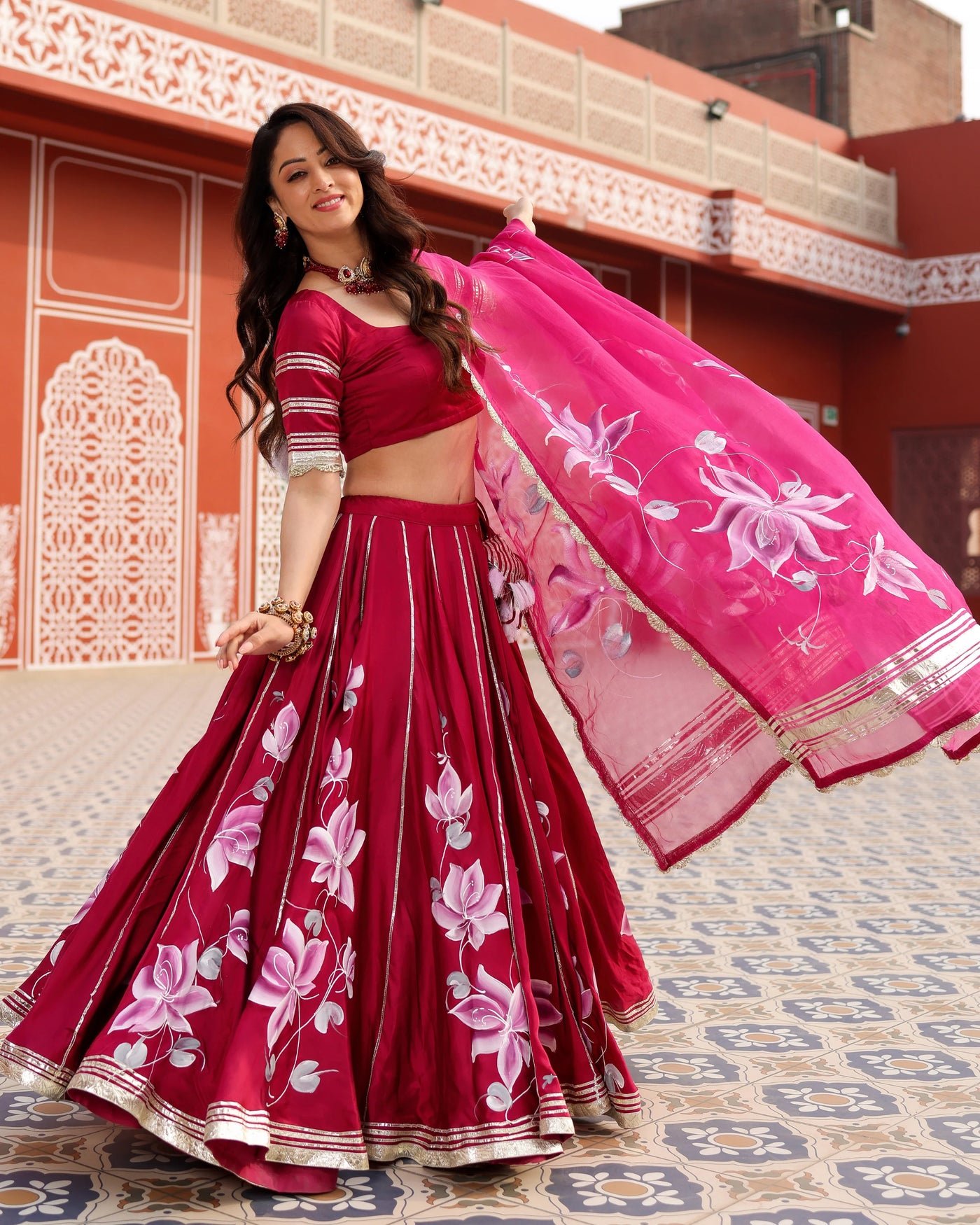 Rosy Reverie Hand-Painted Lehenga Set