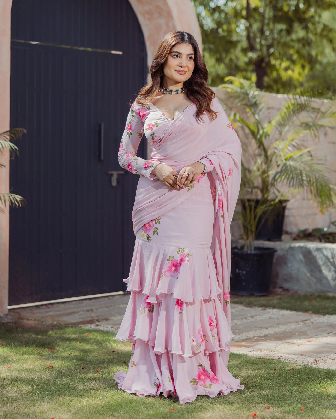 Celestial Blossom Hand-Painted Organza Saree