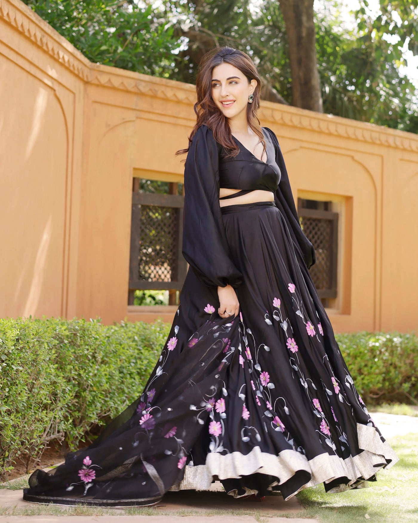 Midnight Bloom Velvet Embroidered Lehenga