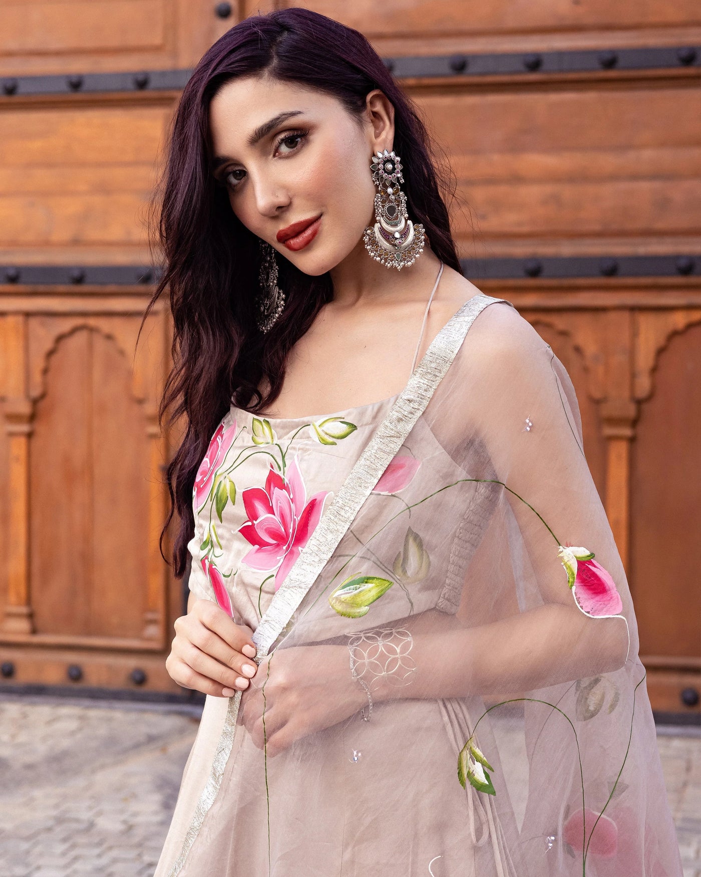 Coral Cascade Hand-Painted Lehenga Set
