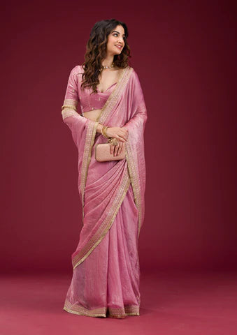 Pastel Pink Chiffon Georgette Saree